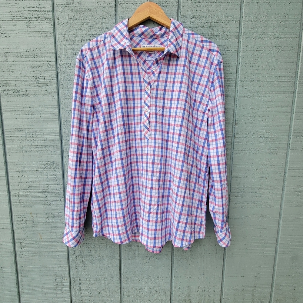 Southern Tide Hadley Intercoastal Performance Popover Gingham Plaid Pink Blue XL
